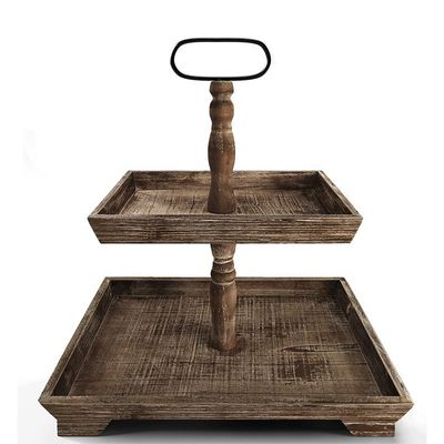 Customization Farmhouse Wooden 2 Tier Tray Stand for Serving Food Fruits Cupcakes Square Tier at Restaurant Home Cake