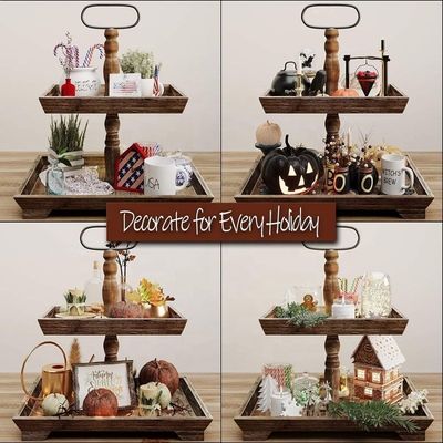 Customization Farmhouse Wooden 2 Tier Tray Stand for Serving Food Fruits Cupcakes Square Tier at Restaurant Home Cake