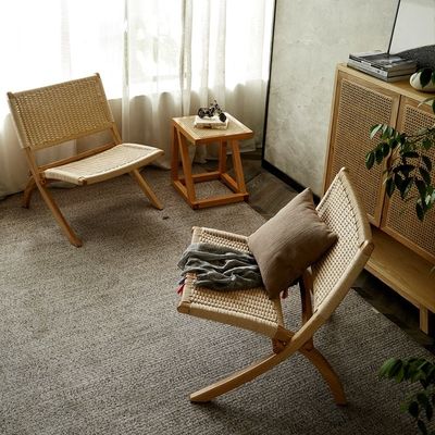 Leisure Style Wooden Patio Outdoor and Living Room Folding Chairs with Natural Rattan Woven Craftsmanship