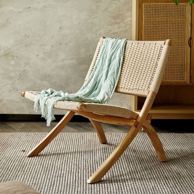 Leisure Style Wooden Patio Outdoor and Living Room Folding Chairs with Natural Rattan Woven Craftsmanship