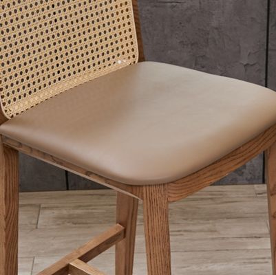 PU/Fabric Sponge Seat Nordic Upholstered Bar Stool Wood Chair Rattan Chair for Modern Bar