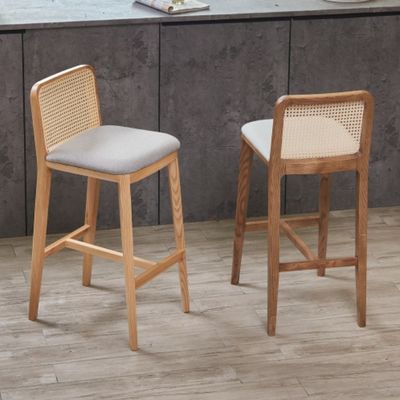 PU/Fabric Sponge Seat Nordic Upholstered Bar Stool Wood Chair Rattan Chair for Modern Bar