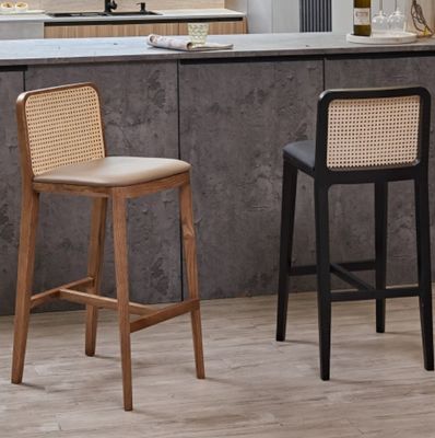 PU/Fabric Sponge Seat Nordic Upholstered Bar Stool Wood Chair Rattan Chair for Modern Bar