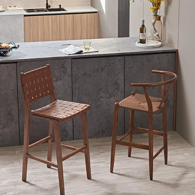 Ash Wood Frame Nordic Bistro Bar Chairs with Saddle Leather Woven Seats