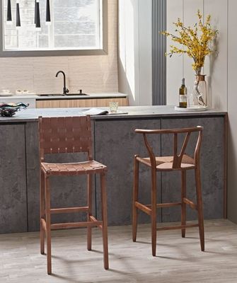 Ash Wood Frame Nordic Bistro Bar Chairs with Saddle Leather Woven Seats