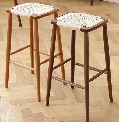 Modern Minimalist Nordic Bar High Stool Solid Wood Woven Rope Cafe Restaurant Stool For Events W30*D35*45/70CM