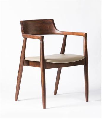 Dining Room and Living Room Contemporary Walnut Colour Wood Armrest Dining Chair with Fabric Leather Seat