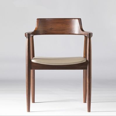 Dining Room and Living Room Contemporary Walnut Colour Wood Armrest Dining Chair with Fabric Leather Seat