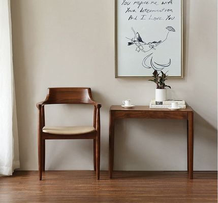 Dining Room and Living Room Contemporary Walnut Colour Wood Armrest Dining Chair with Fabric Leather Seat