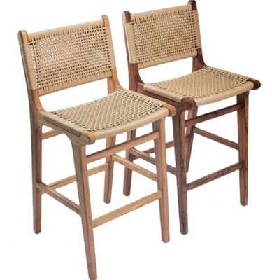 Modern High Seat Bar Stool with Woven Rope Seat and Leather Accented Frame