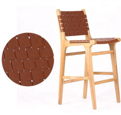 Modern High Seat Bar Stool with Woven Rope Seat and Leather Accented Frame