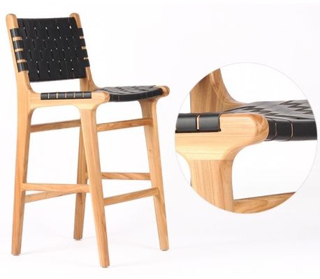 Modern High Seat Bar Stool with Woven Rope Seat and Leather Accented Frame