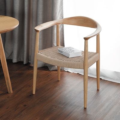 Study Desk and Cafe Chair Modern Nordic Leisure Style Solid Ash Wood Dining Chair with Craft Paper Rope Woven Cushion