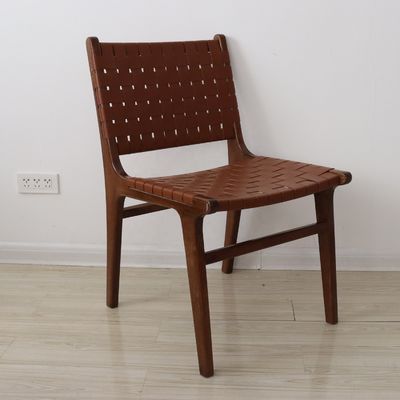 Customized Logo Outdoor Leisure Chairs Solid Wood Furniture Modern Design Style with PU Leather Woven Dining Chair