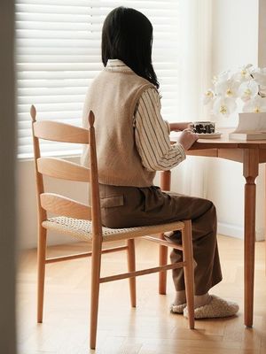 Burlywood W44*D48.5*H90CM Unique Vintage Design Solid Wood Dining Chair with Hand-Woven Paper Cord Seat