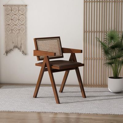 PU/Fabric Foam Seat Solid Wood Rattan Armrest Dining Chair with Upholstered Cane Seat and NO Folded Design