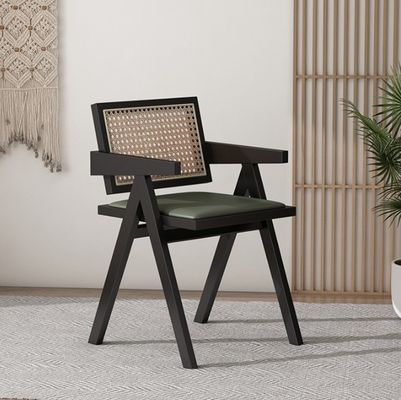 PU/Fabric Foam Seat Solid Wood Rattan Armrest Dining Chair with Upholstered Cane Seat and NO Folded Design