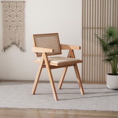 PU/Fabric Foam Seat Solid Wood Rattan Armrest Dining Chair with Upholstered Cane Seat and NO Folded Design