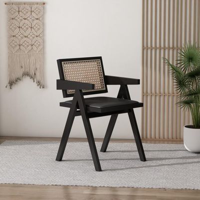 PU/Fabric Foam Seat Solid Wood Rattan Armrest Dining Chair with Upholstered Cane Seat and NO Folded Design