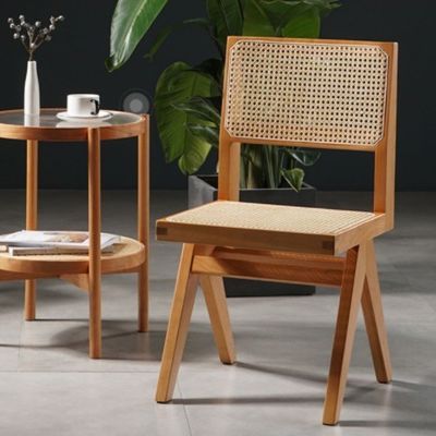 Modern Design Adjustable Height Rattan Armless Dining Chair with Solid Wood Seat and Back