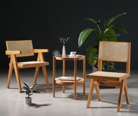 Modern Design Adjustable Height Rattan Armless Dining Chair with Solid Wood Seat and Back