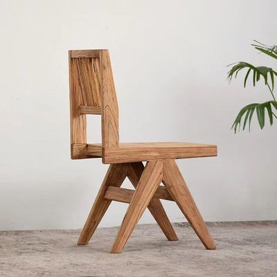 Vintage Luxury Elm Solid Wood Dining Chair in Walnut Finish for Customized Designs Furniture