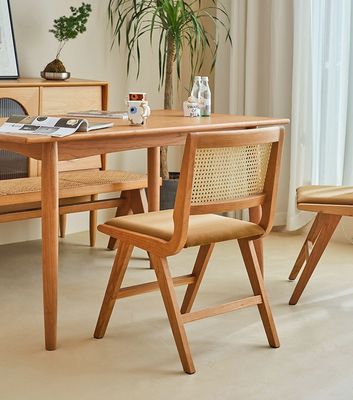Home Furniture Lacquered Finish Solid Wood Dining Chair With Cushion And Natural Rattan Backrest For Modern Design Furniture