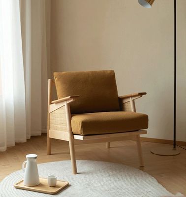 Home Furniture General Nordic Lounge Wood Sofa Chair with Down Feather Cushion Natural Woven Rattan Solid Wood Chair