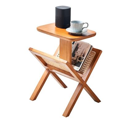 Solid Wood Square Side Table with Woven Rattan Book Shelf Lacquered and Durable Construction