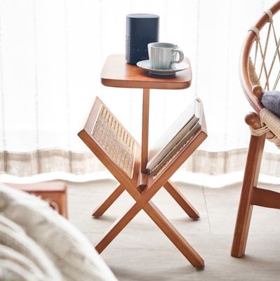 Solid Wood Square Side Table with Woven Rattan Book Shelf Lacquered and Durable Construction