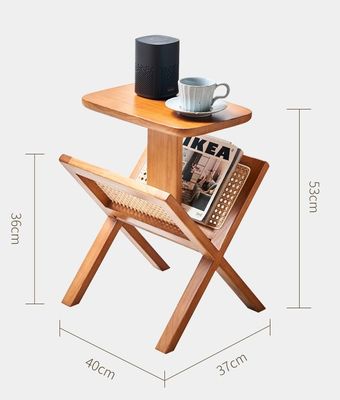 Solid Wood Square Side Table with Woven Rattan Book Shelf Lacquered and Durable Construction