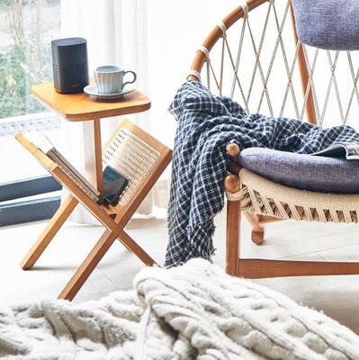 Solid Wood Square Side Table with Woven Rattan Book Shelf Lacquered and Durable Construction