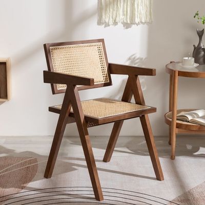 Nature Color Modern Solid Wood Rattan Dining Arm Chair with Modern Design