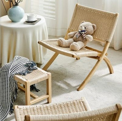 Hotel Living Room Furniture Nordic Style Solid Wood Leisure Chair with Woven Cord and Foldable Design