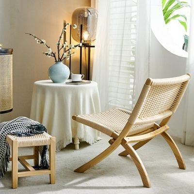 Hotel Living Room Furniture Nordic Style Solid Wood Leisure Chair with Woven Cord and Foldable Design
