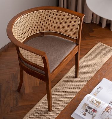 Simple Armchair Dining Chair With Modern Design And Natural Color Wood And Rattan Material For Office And Restaurant