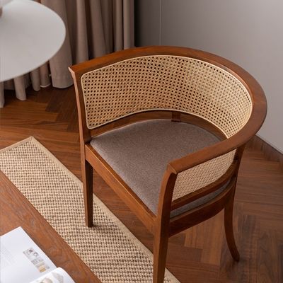 Simple Armchair Dining Chair With Modern Design And Natural Color Wood And Rattan Material For Office And Restaurant