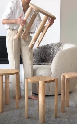 Stackable Red Oak Wood Stool Simply Designed Solid Wood Chair for Dining Room Furniture