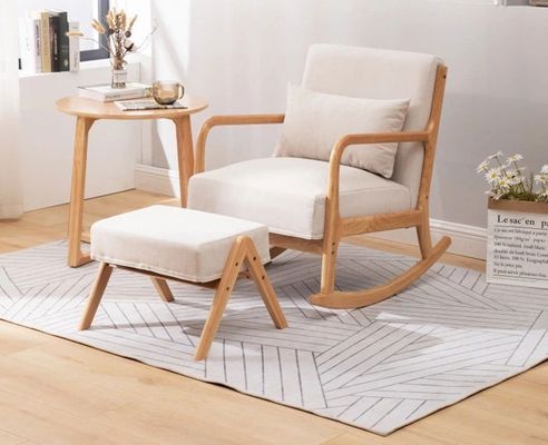 Stylish Living Room Furniture Upholstered Wood Rocking Chair and Stool for Relaxing