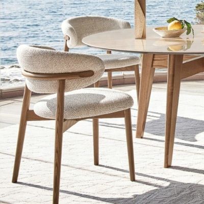 Dining Room Furniture Customized Color Traditional Design Walnut Wood Chair with White Linen Fabric and Curved Backrest