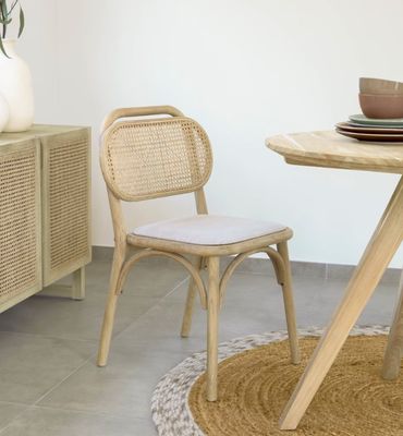Vintage Style Dining Chair in Natural Wood with Fabric Seat and Real Rattan Backrest W47*D51*H82.5CM