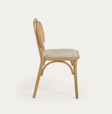 Vintage Style Dining Chair in Natural Wood with Fabric Seat and Real Rattan Backrest W47*D51*H82.5CM