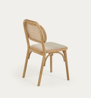 Vintage Style Dining Chair in Natural Wood with Fabric Seat and Real Rattan Backrest W47*D51*H82.5CM