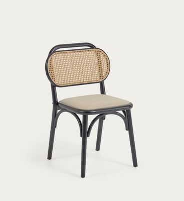 Vintage Style Dining Chair in Natural Wood with Fabric Seat and Real Rattan Backrest W47*D51*H82.5CM