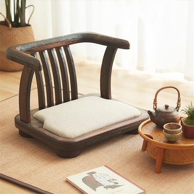Solid Wood Floor Chair Nitrolacquer Finish and Back Support for Japanese Tatami Wood Legless Floor Tea Chair