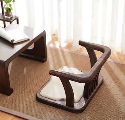 Solid Wood Floor Chair Nitrolacquer Finish and Back Support for Japanese Tatami Wood Legless Floor Tea Chair