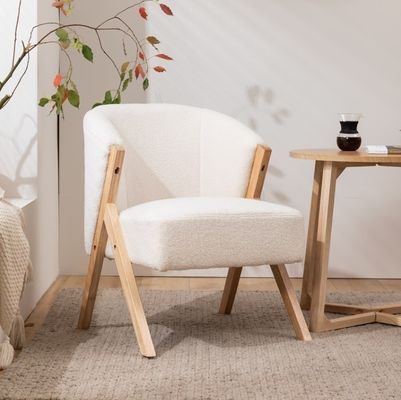 W60*D68*H77CM Modern Living Room Furniture Lounge Chair KD Wooden Sofa Chair Lamb Wool Fabric White Upholatered Accent Chair