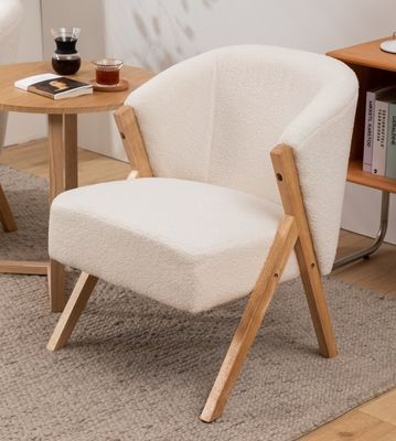 W60*D68*H77CM Modern Living Room Furniture Lounge Chair KD Wooden Sofa Chair Lamb Wool Fabric White Upholatered Accent Chair