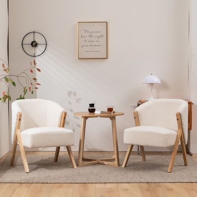 W60*D68*H77CM Modern Living Room Furniture Lounge Chair KD Wooden Sofa Chair Lamb Wool Fabric White Upholatered Accent Chair