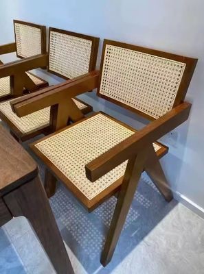 Natural Solid Wood Dining Chair with Modern Rattan Backrest in Black Finish